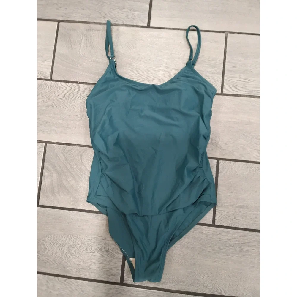 Kona Sol Womens Teal Blue Ruched‎ Front Ladder Back One Piece Swimsuit Size L